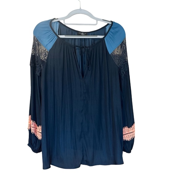 Current Air Women's Silky Satin Split Neck Long Sleeve Flowing Blouse Blue Med - Picture 1 of 12